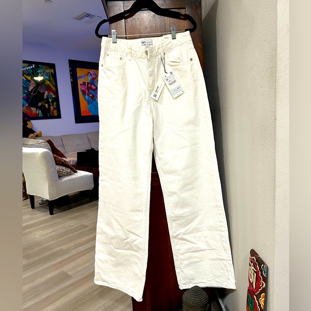 Zara The Boogie Pant Cotton White High Rise Full Length The Boogie Jeans Size 4